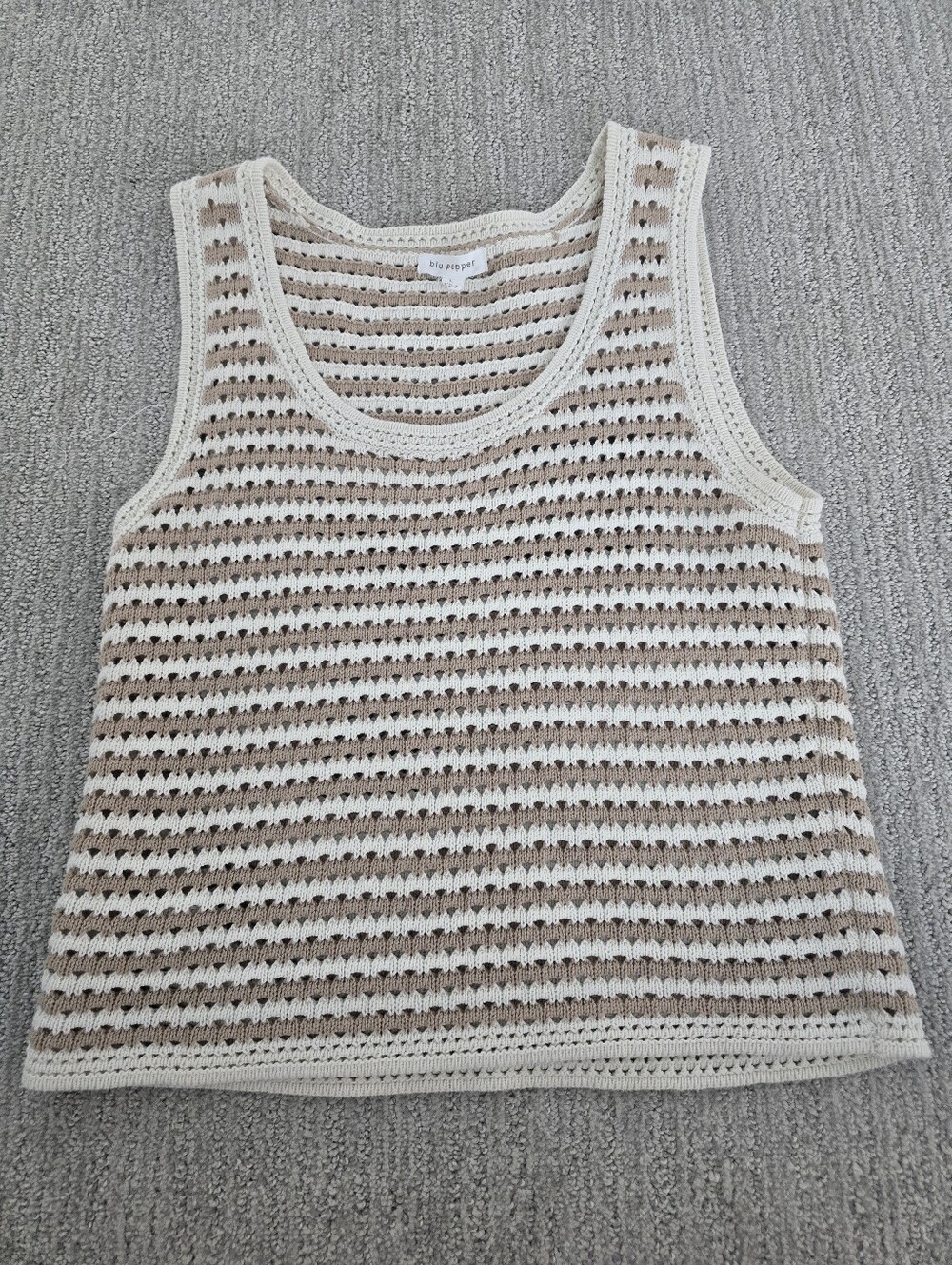 🎰NWOT Blu Pepper Cream & Tan Striped Crochet Tank Top 100% Cotton - Picture 6 of 8